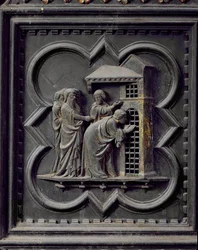 Die Jünger besuchen Johannes den Täufer, dreizehntes Panel der Südportale des Baptisteriums von San Giovanni, 1336 (Bronze)